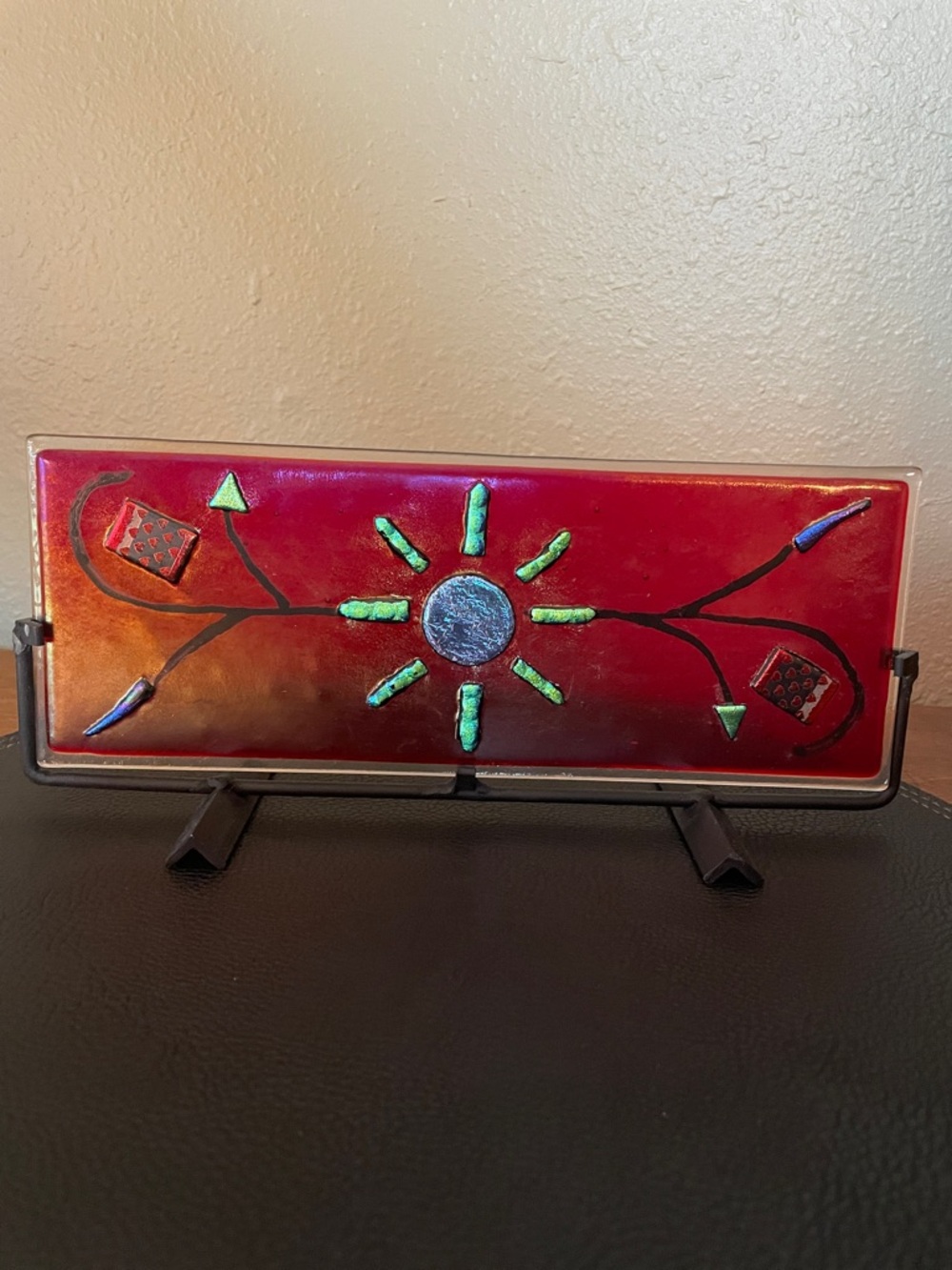 Beautiful Handmade Red Glass Decorative Panel with Iridescent Dichroic Sun Motif